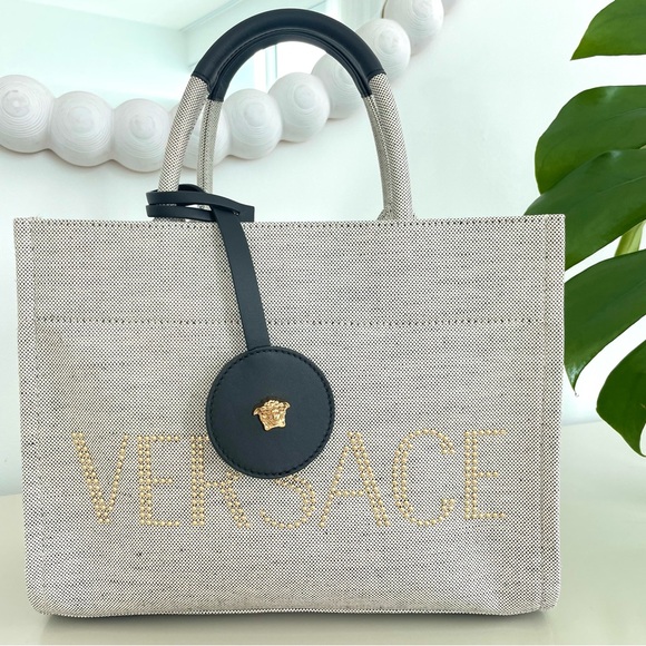 VERSACE Logo Small 2way Tote Shoulder Bag Canvas Leather Gray - Picture 3 of 15
